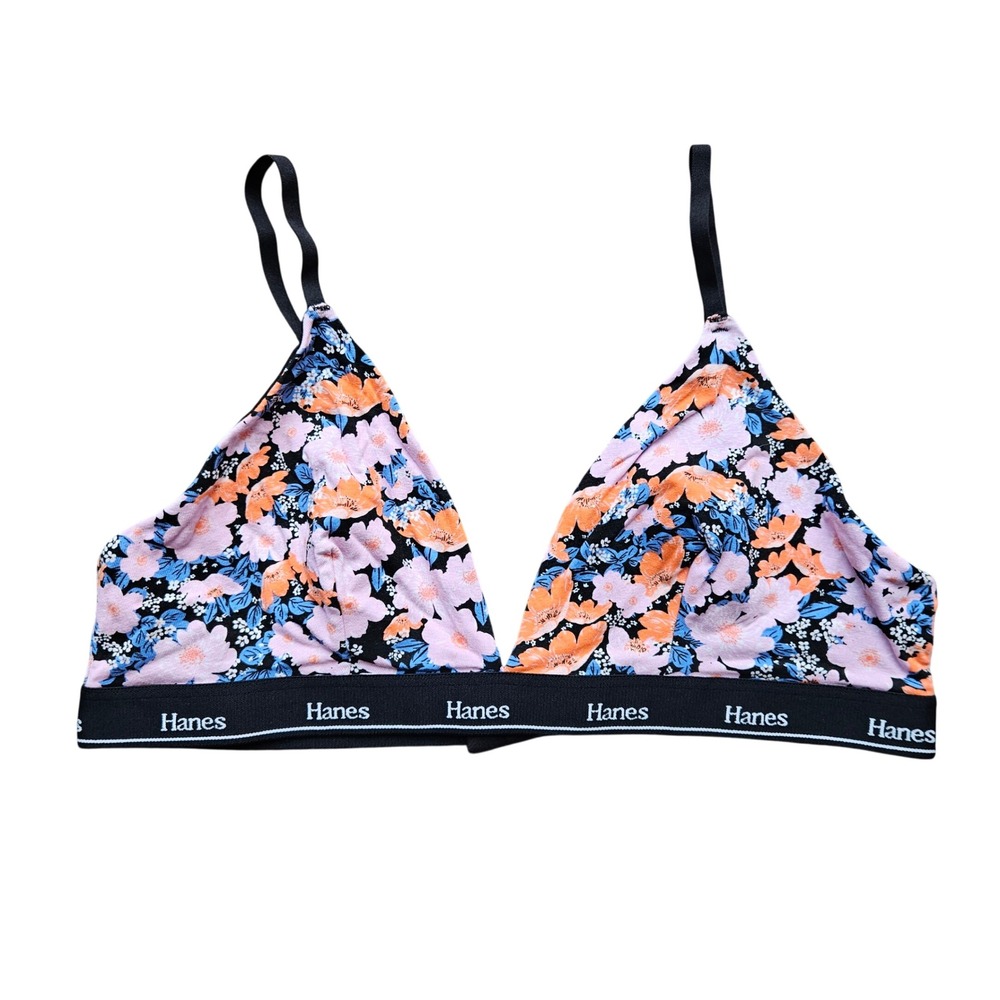 Hanes Womens Floral Cotton Spandex Triangle Bralette Black Pink XL